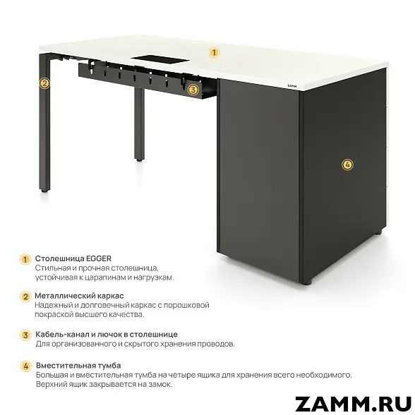 Стол письменный Формат Т4 с тумбой 4 ящ. (Тип 2) с лючком для пр-дов (Д-039), кабель-каналом (Д-041) 